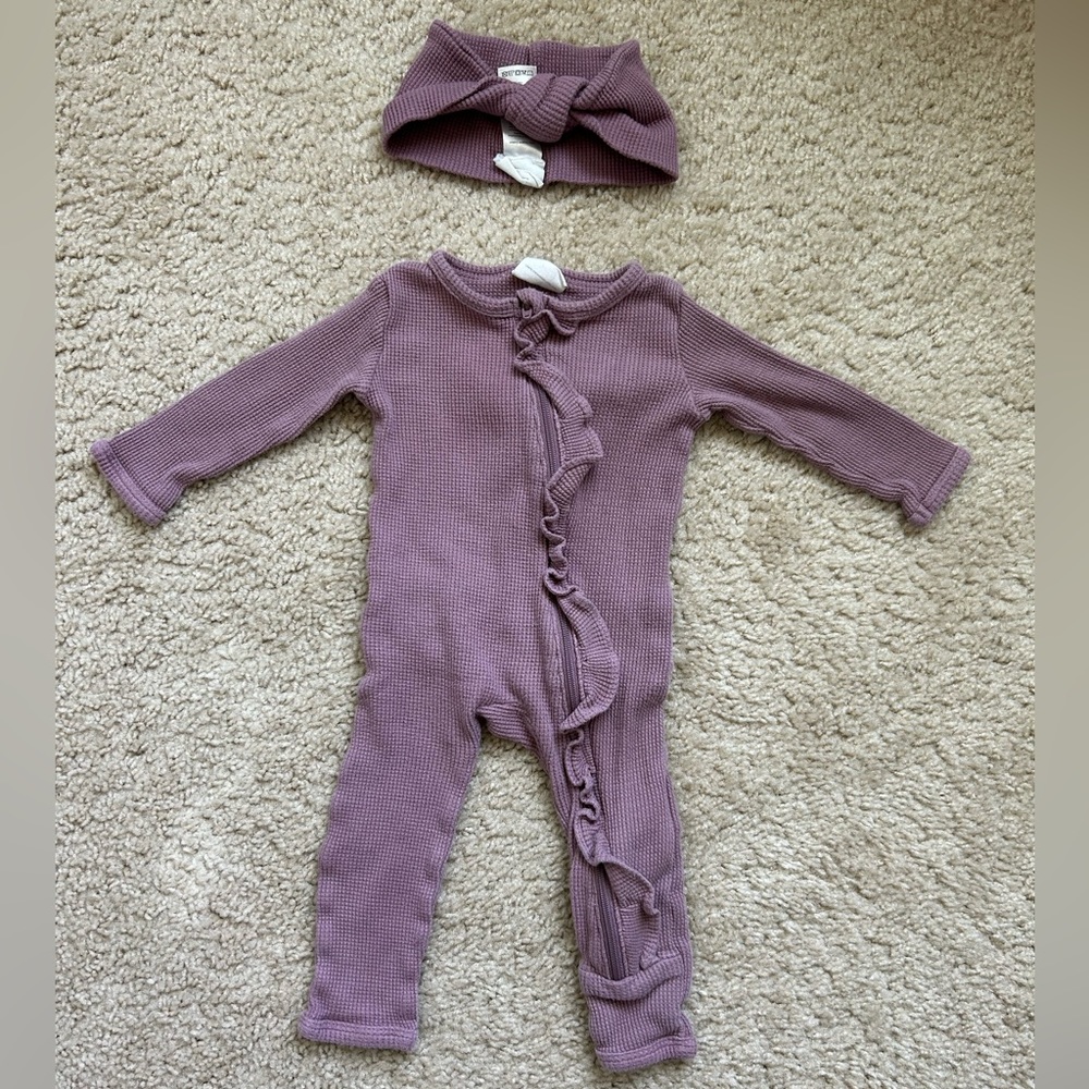 Organic Waffle Ruffle Zip Romper with Matching Headband